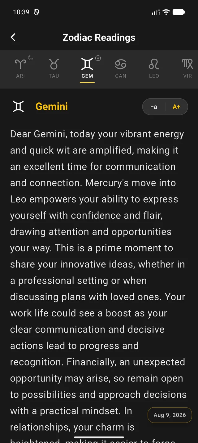 Daily zodiac reading for Gemini shown as long-form text