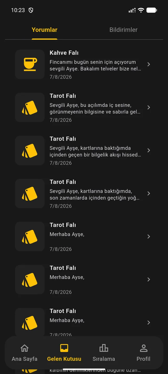 Gelen kutusu: geçmiş yorumların listesi